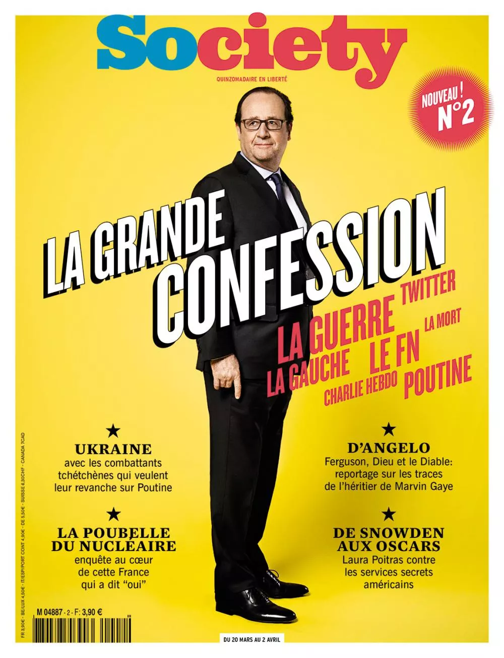 C'est la couverture du magazine "Society" avec une grande image d'un homme en costume. Le titre principal est "La grande confession" et d'autres sujets incluent la guerre, la gauche, le FN, Charlie Hebdo, et Poutine. Il y a aussi des articles sur l'Ukraine, le nucléaire, D'Angelo, et Snowden aux Oscars.