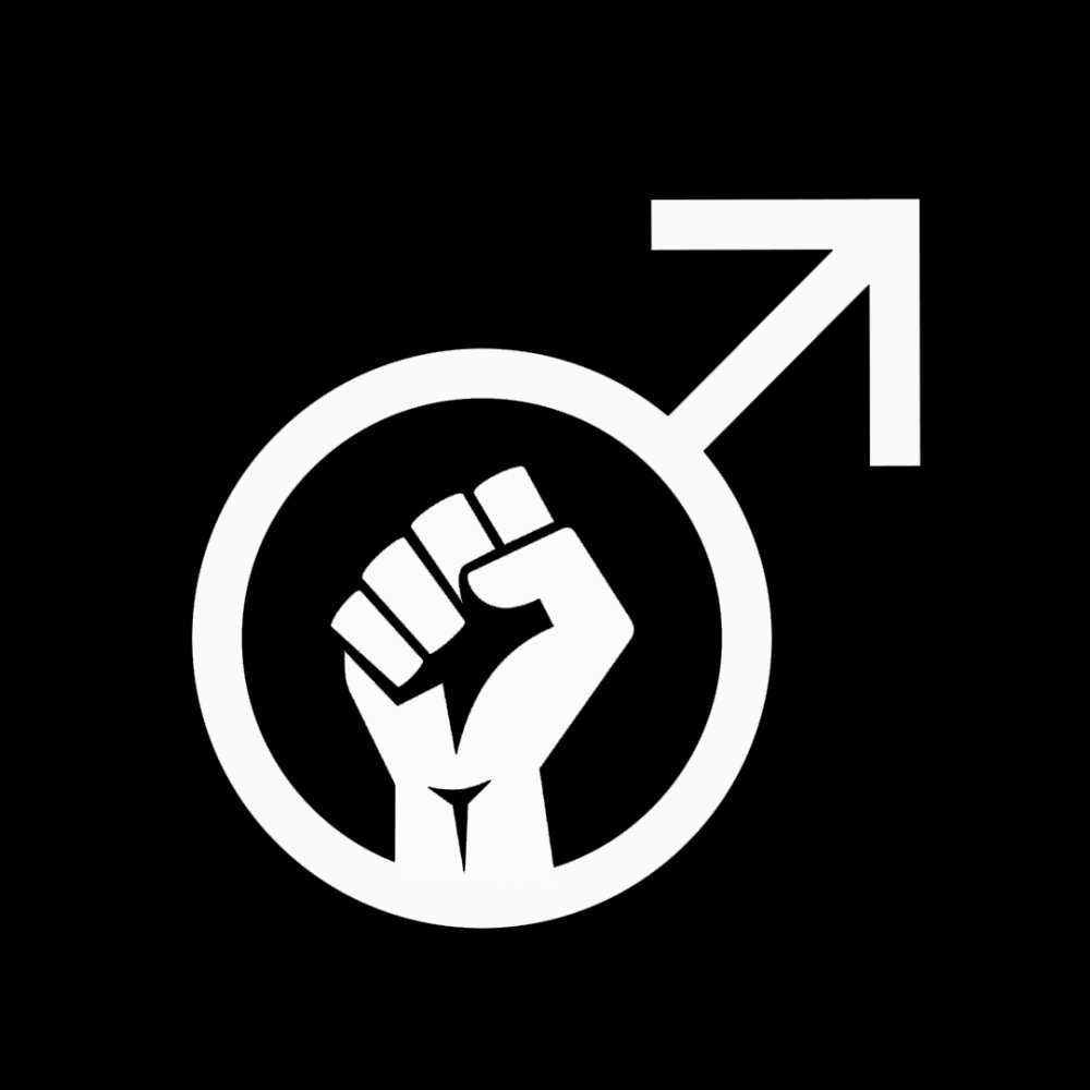 Symbole de masculinisme avec un poing levé à l'intérieur du symbole masculin.