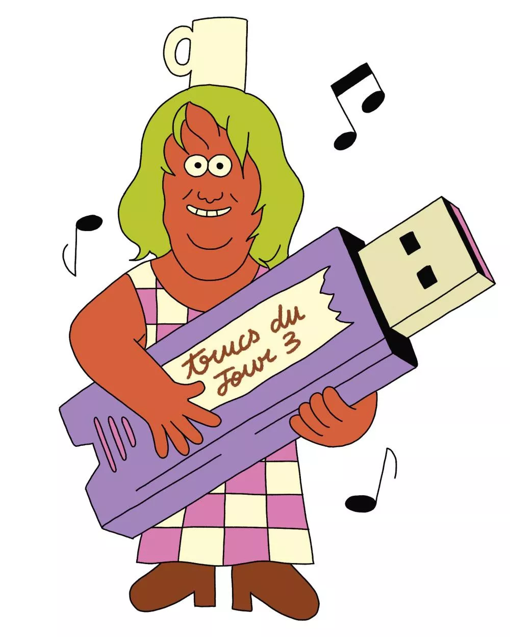 Une illustration d'un personnage avec une chevelure verte tenant une grande clé USB violette marquée "Trucs du Jour 3". Le personnage porte une robe à carreaux et a une tasse sur la tête. Des notes de musique flottent autour de lui.