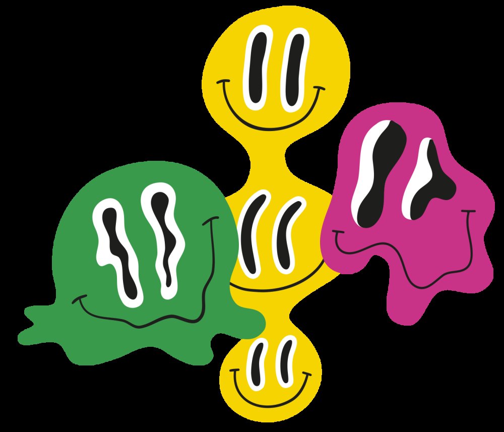 Trois visages souriants et déformés, de couleurs verte, jaune et rose, avec des yeux et des sourires noirs.