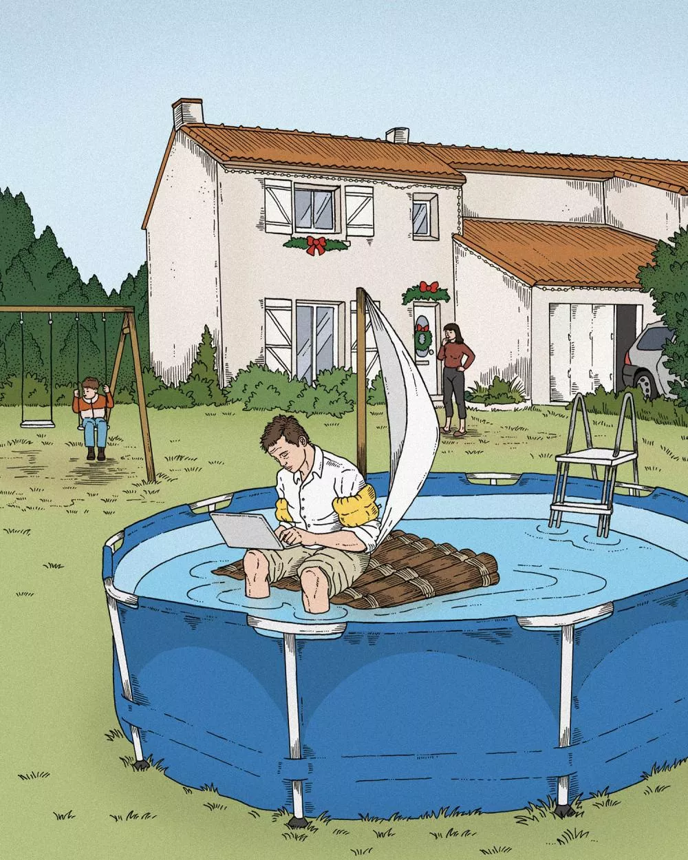 Un homme est assis dans une piscine gonflable, portant des brassards et utilisant un ordinateur portable sur un radeau. Une femme se tient à proximité, et un enfant joue sur une balançoire dans le jardin d'une maison décorée pour Noël.