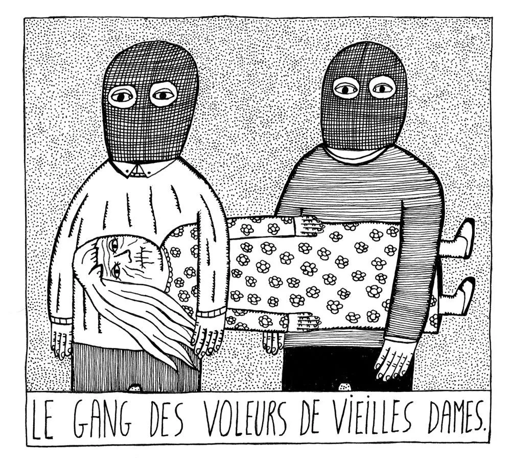 Deux individus masqués portent une vieille dame, et le texte en bas dit "Le gang des voleurs de vieilles dames."