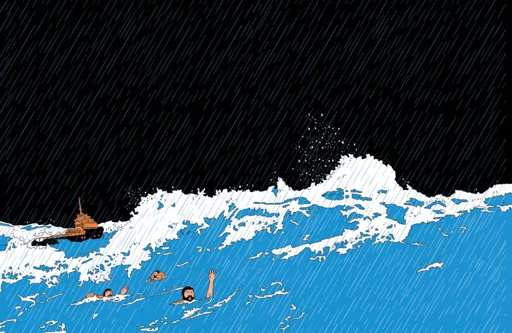 L'image montre des personnages nageant dans une mer agitée sous une pluie battante, avec un bateau à l'arrière-plan.