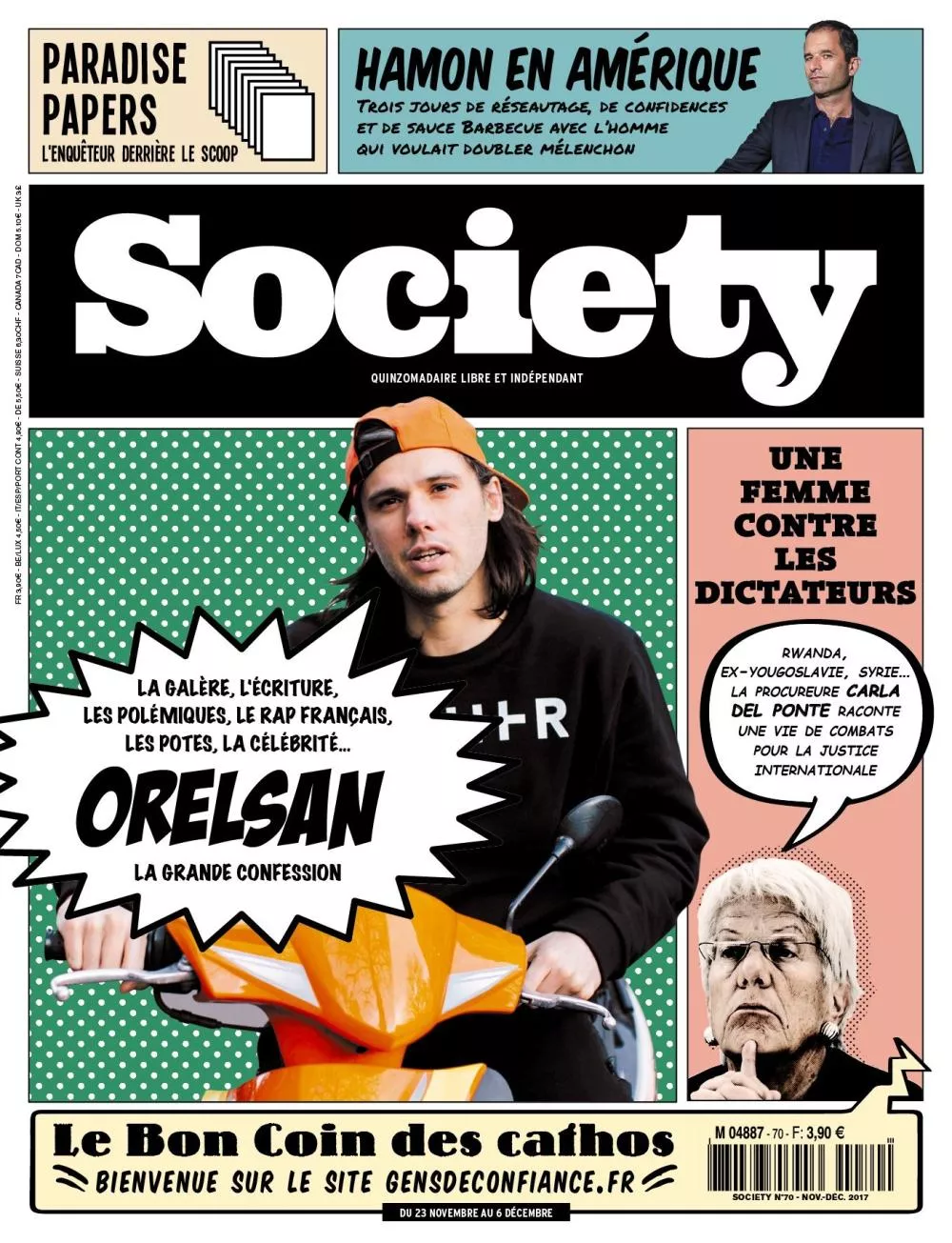La couverture du magazine "Society" présente Orelsan, avec un article sur sa carrière, ses polémiques, et sa célébrité. D'autres sujets incluent les Paradise Papers, un reportage sur Hamon en Amérique, et une interview avec Carla Del Ponte sur la justice internationale.