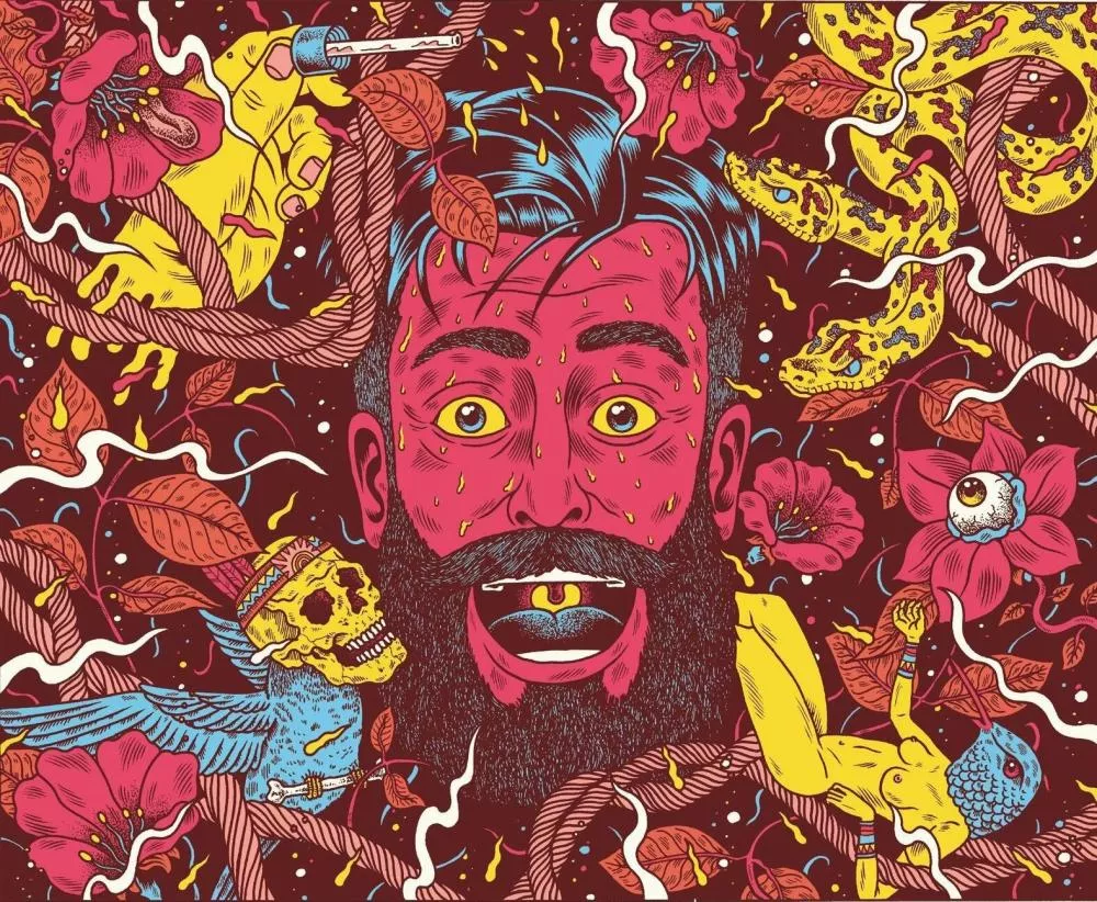 Un visage rouge avec une barbe noire est entouré de motifs psychédéliques : serpents jaunes, fleurs roses, feuilles, un crâne jaune sur un oiseau bleu, et une main tenant une seringue. Une figure humaine jaune avec une tête de poisson est également présente.