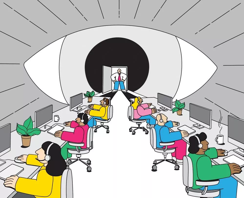 Des personnes travaillent sur des ordinateurs dans un bureau en forme d'œil géant, sous la surveillance d'une figure debout dans l'encadrement d'une porte.