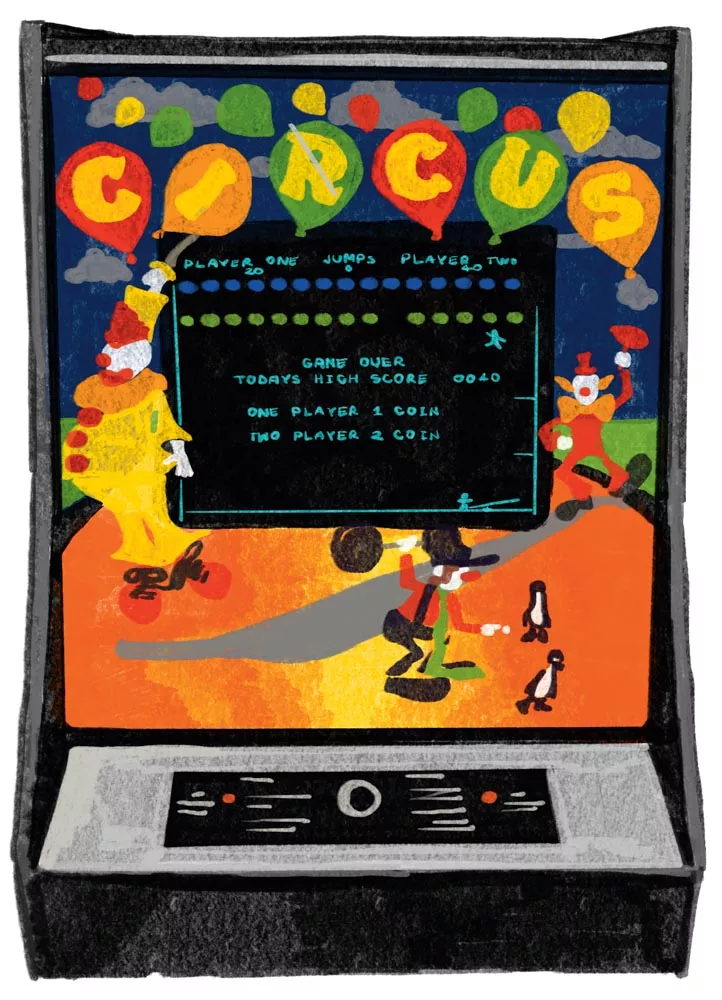 Une image d'une borne d'arcade avec un thème de cirque, incluant des clowns et des ballons colorés formant le mot "CIRCUS". L'écran affiche un jeu avec le message "GAME OVER" et le score du jour.
