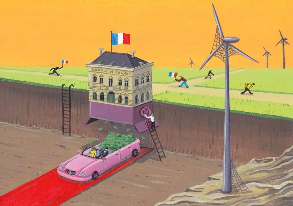 L'image montre un bâtiment de la Banque de France suspendu au-dessus d'un vide, avec des billets de banque tombant dans une voiture rose en contrebas. Plusieurs personnes avec des drapeaux français courent sur un chemin, et des éoliennes sont visibles à l'arrière-plan.
