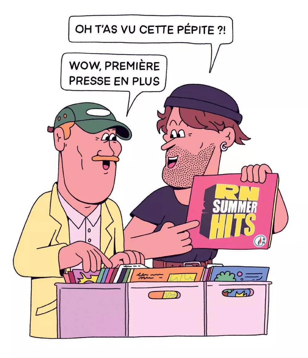 Deux personnes discutent en regardant des disques vinyles. L'une d'elles montre un disque intitulé "RN Summer Hits" en disant "Oh t'as vu cette pépite ?!" et l'autre répond "Wow, première presse en plus".