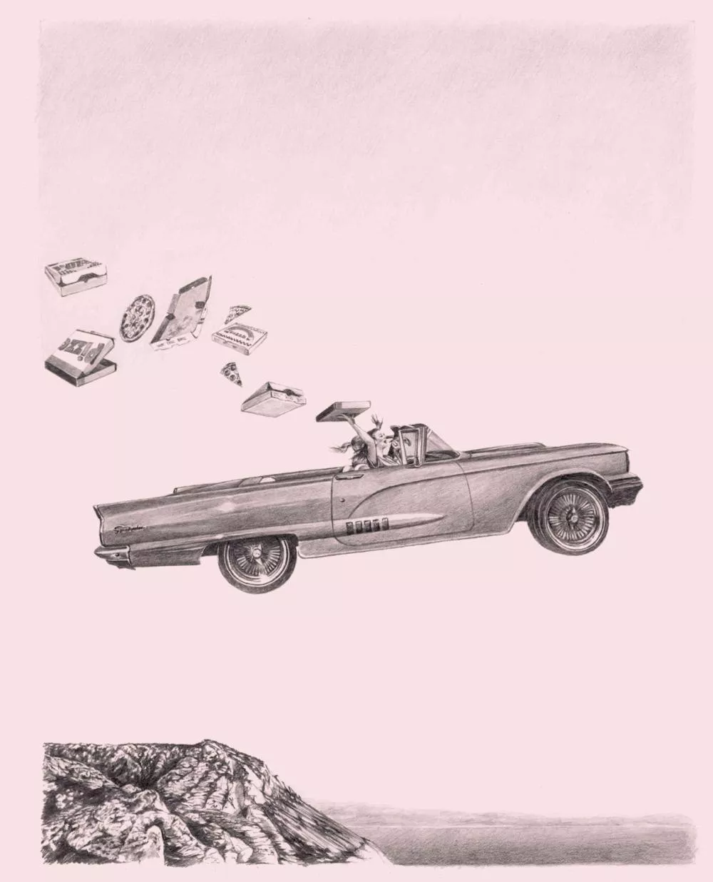 Une voiture décapotable flotte dans les airs au-dessus d'une falaise, avec des boîtes de pizza et des parts de pizza qui s'envolent derrière elle. Une personne est assise à l'intérieur, tenant le volant.