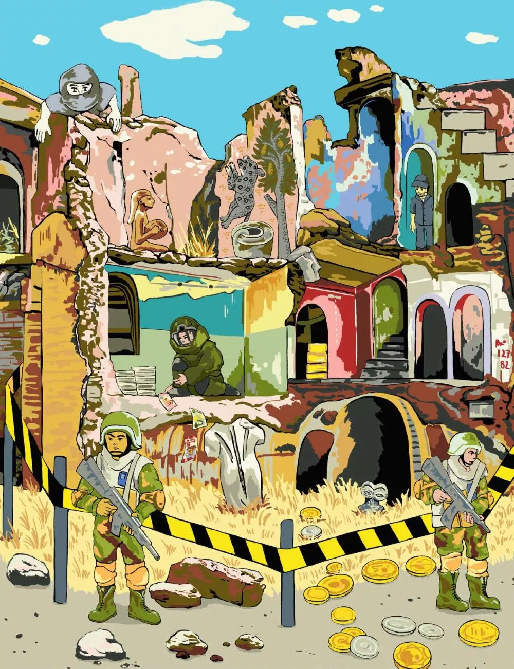 L'image représente une scène de ruines avec des soldats en uniforme tenant des armes. Il y a des personnages en tenue de protection, des murs délabrés avec des peintures murales, et des pièces de monnaie éparpillées au sol. Une bande de sécurité jaune et noire entoure une partie de la scène.