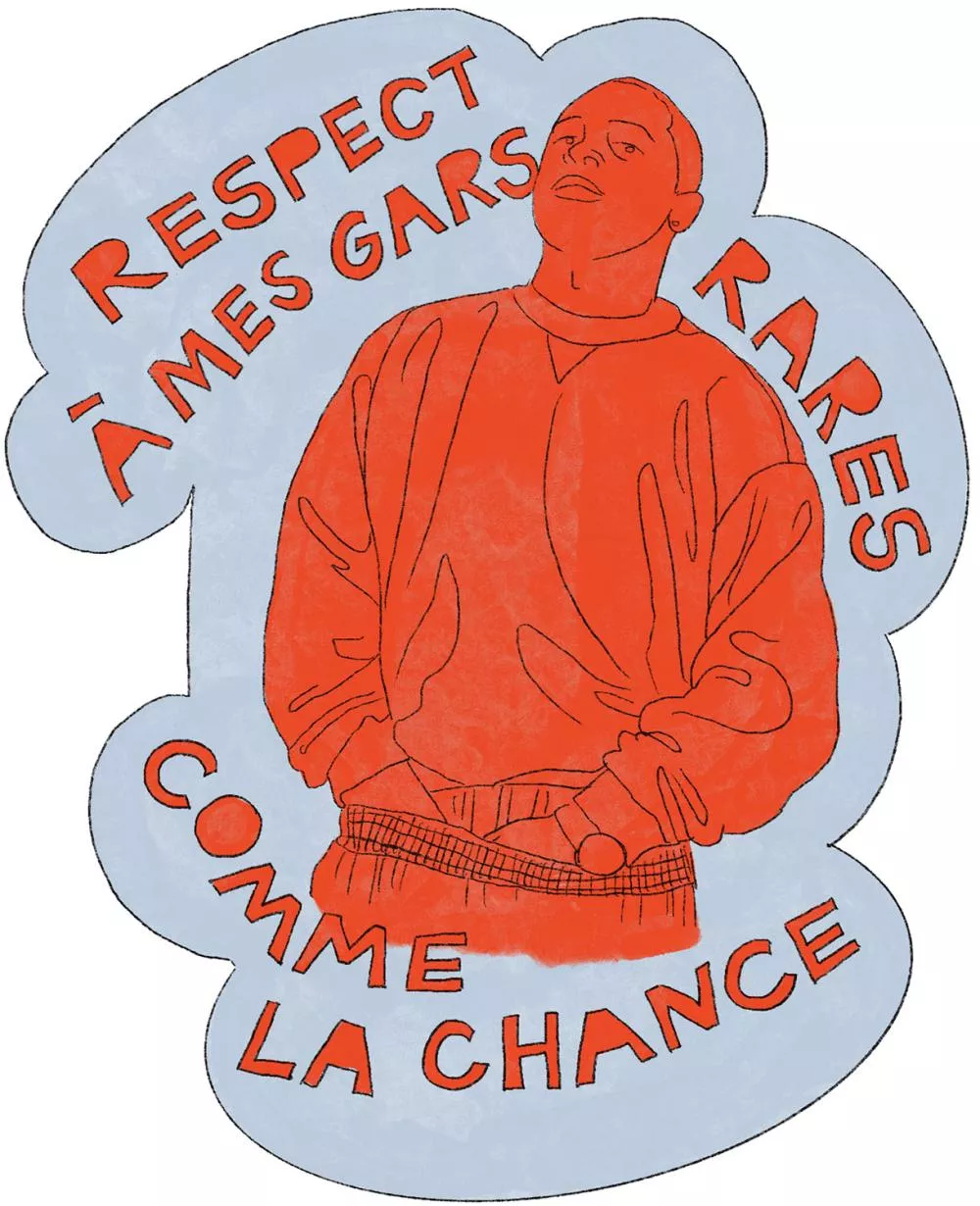 Un dessin d'une personne en rouge avec un texte qui dit : "Respect à mes gars rares comme la chance".