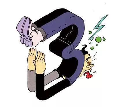 Un personnage est contorsionné en forme de chiffre "3", avec une expression faciale exagérée et des éléments graphiques comme des éclairs et des bulles autour de sa tête.