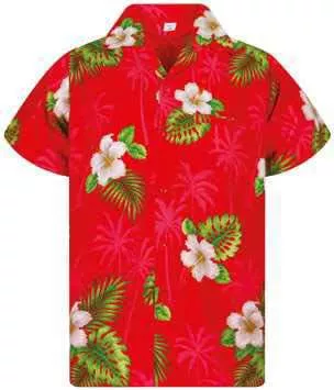 Une chemise hawaïenne rouge avec des motifs de fleurs blanches et des feuilles vertes.