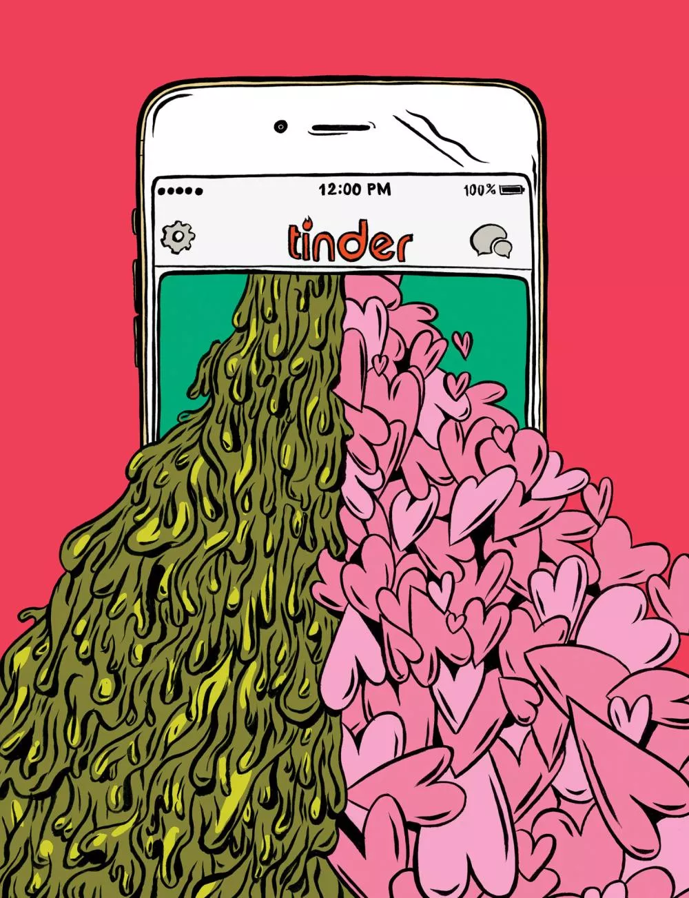 Un téléphone affiche une application ressemblant à Tinder, avec deux flux sortant de l'écran : à gauche, une substance verte et visqueuse, et à droite, une multitude de cœurs roses.