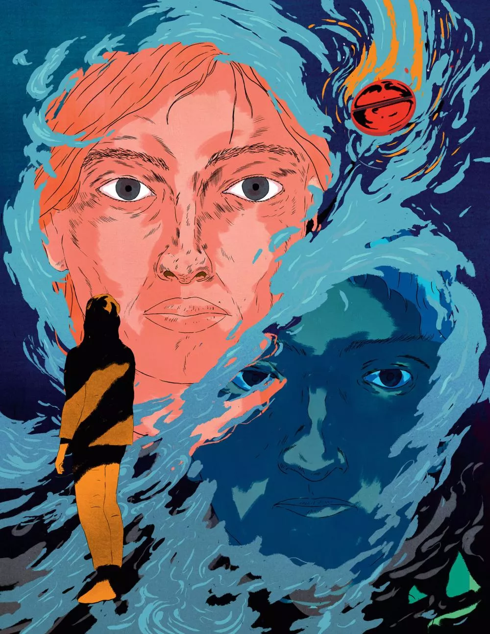 L'image montre une illustration artistique avec deux visages, l'un en teintes rouges et l'autre en teintes bleues, entourés de motifs tourbillonnants. Il y a également une silhouette humaine sombre au premier plan et une petite planète rouge dans le coin supérieur droit.