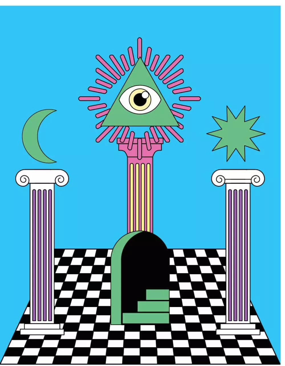L'image représente un dessin coloré avec un œil dans un triangle au sommet d'une colonne centrale, entouré de rayons. Il y a deux colonnes de chaque côté, une lune à gauche et une étoile à droite, sur un sol à damier noir et blanc.