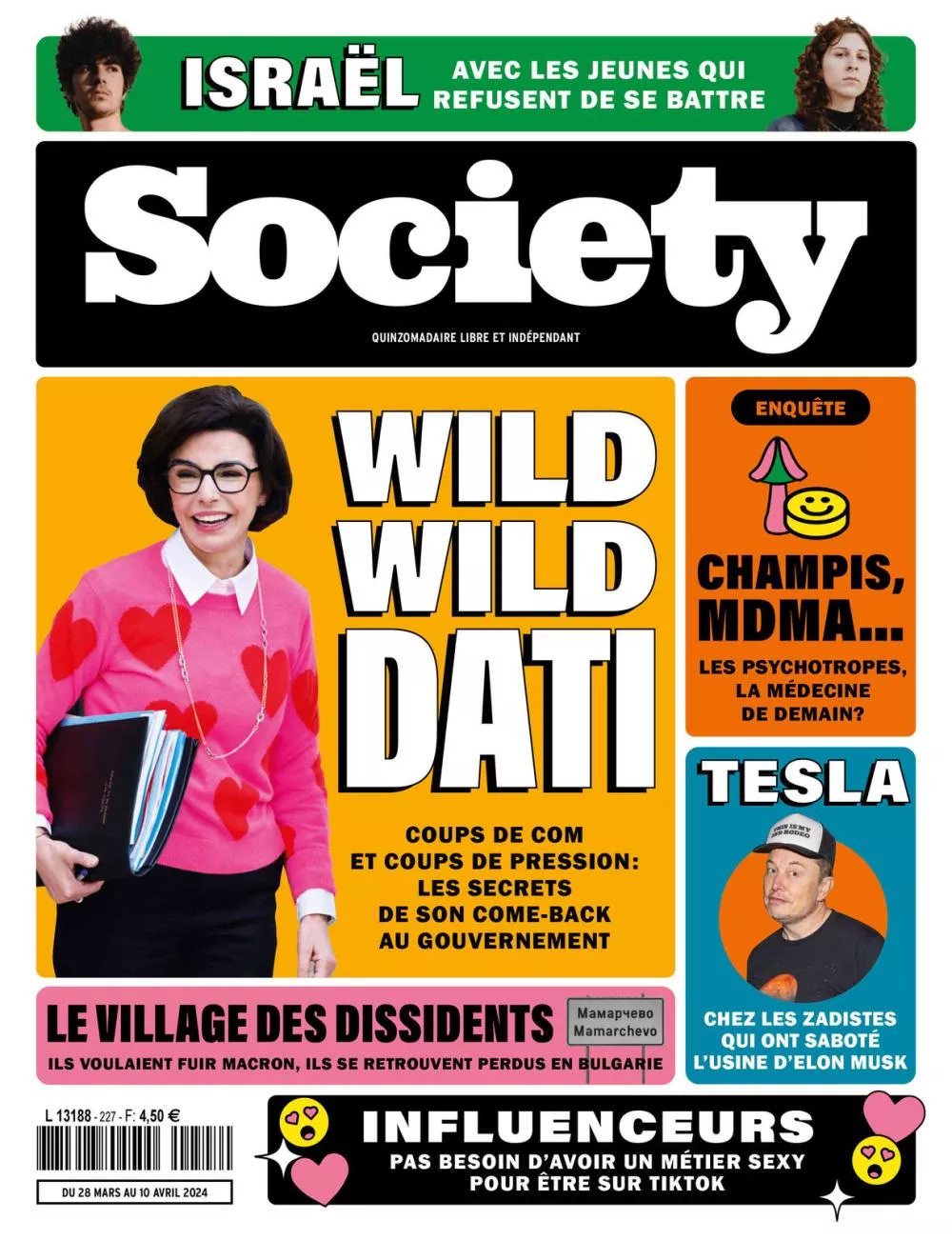 Magazine "Society" avec des sujets sur le retour de Dati au gouvernement, les jeunes israéliens refusant de se battre, une enquête sur les psychotropes comme médecine future, des zadistes sabotant une usine Tesla, des dissidents français en Bulgarie, et le rôle des influenceurs sur TikTok.