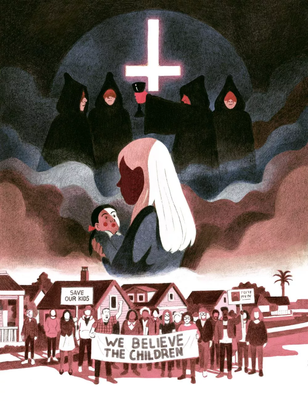 L'image montre des figures encapuchonnées devant une croix lumineuse, une femme tenant un enfant, et un groupe de personnes manifestant avec une banderole "WE BELIEVE THE CHILDREN" et une pancarte "SAVE OUR KIDS".