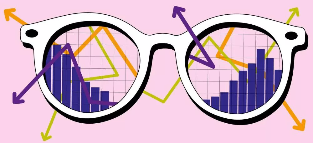 Une paire de lunettes avec des graphiques de barres et des flèches colorées à l'intérieur des verres, sur un fond rose.