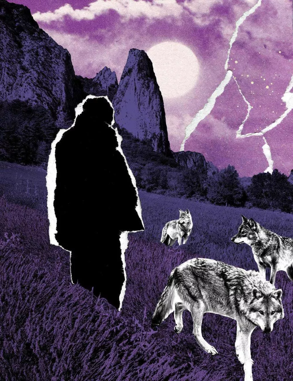 Un paysage surréaliste avec des montagnes en arrière-plan sous un ciel violet et étoilé. Au centre, une silhouette noire découpée se tient dans un champ violet, entourée de trois loups.