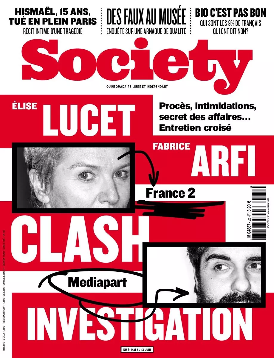Cette couverture du magazine "Society" met en avant un entretien croisé entre Élise Lucet et Fabrice Arfi, avec des thèmes tels que procès, intimidations et secret des affaires. Elle mentionne également des sujets comme la mort d'Ismaël à Paris, une enquête sur des faux au musée, et une critique du bio.