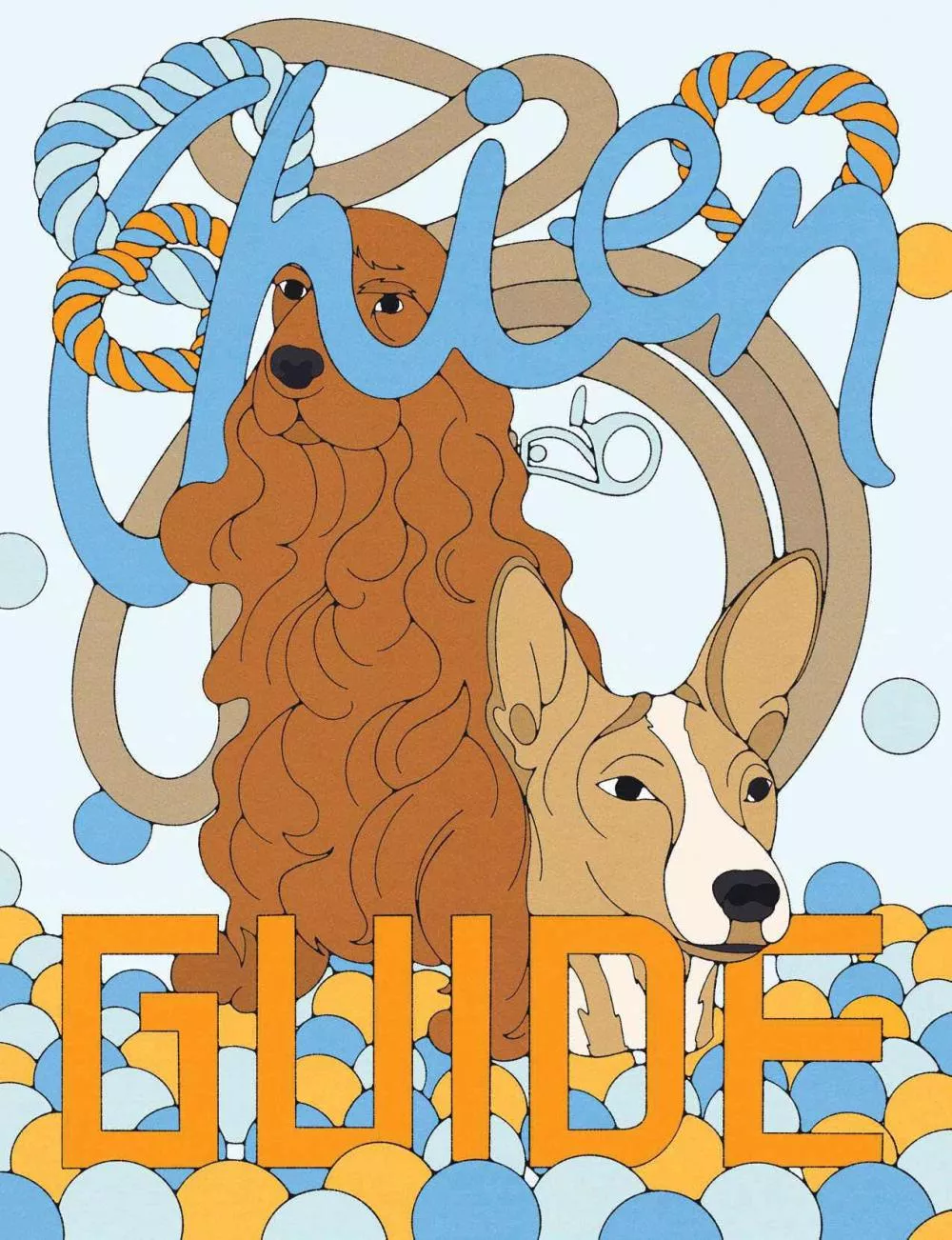 L'image montre deux chiens entourés de balles colorées et de cordes, avec les mots "Chien Guide" écrits en grandes lettres.