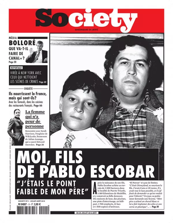 C'est la couverture du magazine "Society" avec une photo de Pablo Escobar et son fils. Le titre principal est "Moi, fils de Pablo Escobar" avec la citation "J'étais le point faible de mon père". D'autres articles mentionnés incluent des sujets sur Bolloré, New York, et la nourriture en France.
