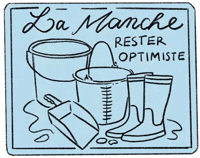Une illustration sur fond bleu montre un seau, une pelle, des bottes et un arrosoir avec le texte "La Manche Rester Optimiste".