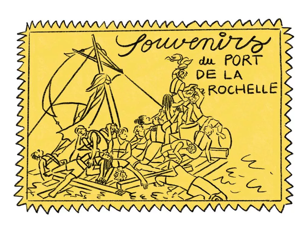 Une illustration sur fond jaune représentant un groupe de personnes sur un radeau en mer, avec l'inscription "Souvenirs du port de La Rochelle".