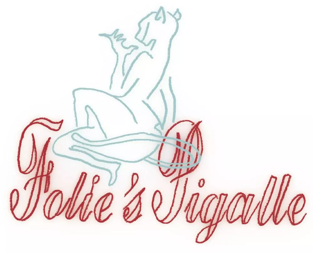 Une silhouette stylisée d'une femme avec des cornes, assise, est dessinée en bleu clair au-dessus du texte "Folie's Pigalle" écrit en rouge cursif.