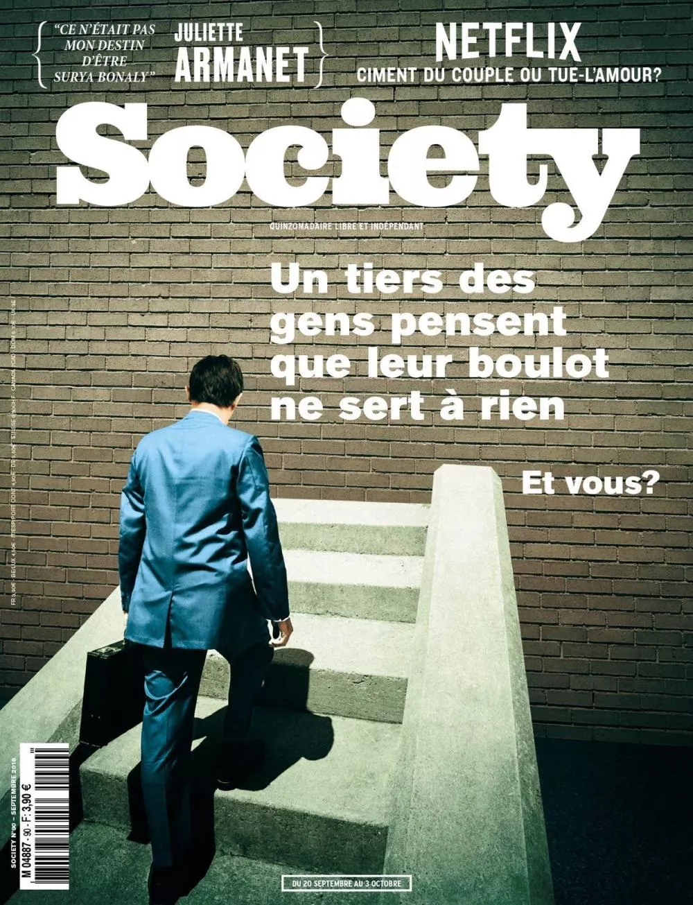 Un homme en costume monte des escaliers avec une mallette. Le texte mentionne qu'un tiers des gens pensent que leur travail ne sert à rien, et pose la question "Et vous?".