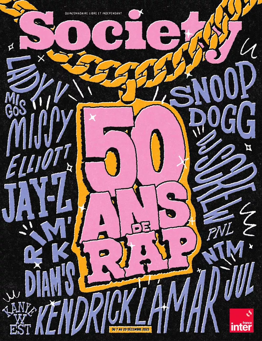 Une couverture de magazine intitulée "Society" avec le thème "50 ans de rap", entourée de noms d'artistes célèbres comme Jay-Z, Snoop Dogg, Missy Elliott, Kendrick Lamar, et d'autres.