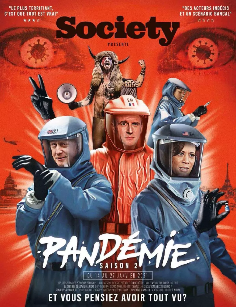 Une couverture de magazine intitulée "Pandémie Saison 2" avec des figures politiques portant des combinaisons de protection, un homme déguisé en viking, et des éléments visuels liés au virus. Le texte mentionne des scénarios pour 2021 et des sujets d'actualité.