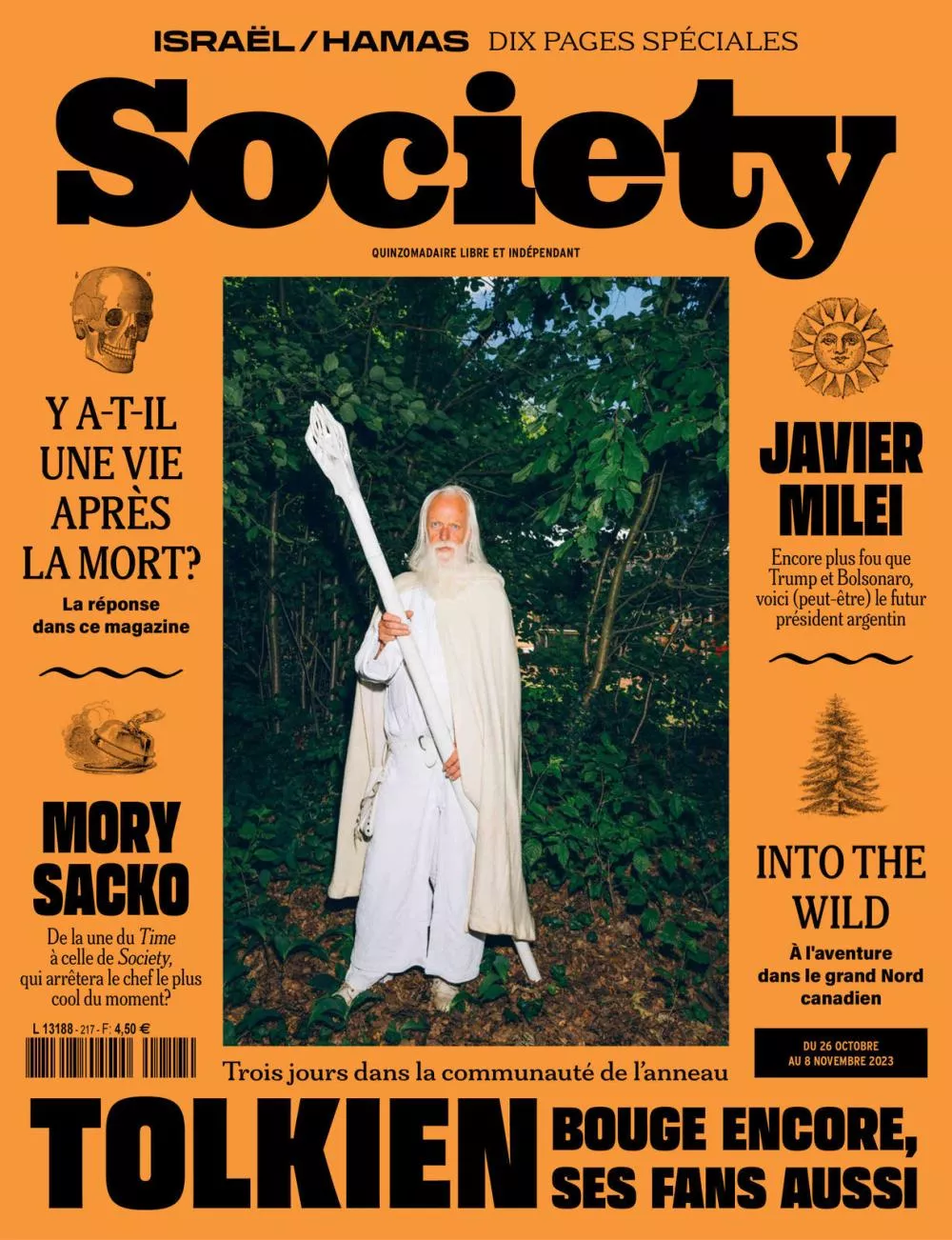La couverture du magazine "Society" présente plusieurs articles : une enquête sur la vie après la mort, un portrait de Javier Milei, une exploration dans la communauté de fans de Tolkien, un article sur Mory Sacko, et une aventure dans le Grand Nord canadien.