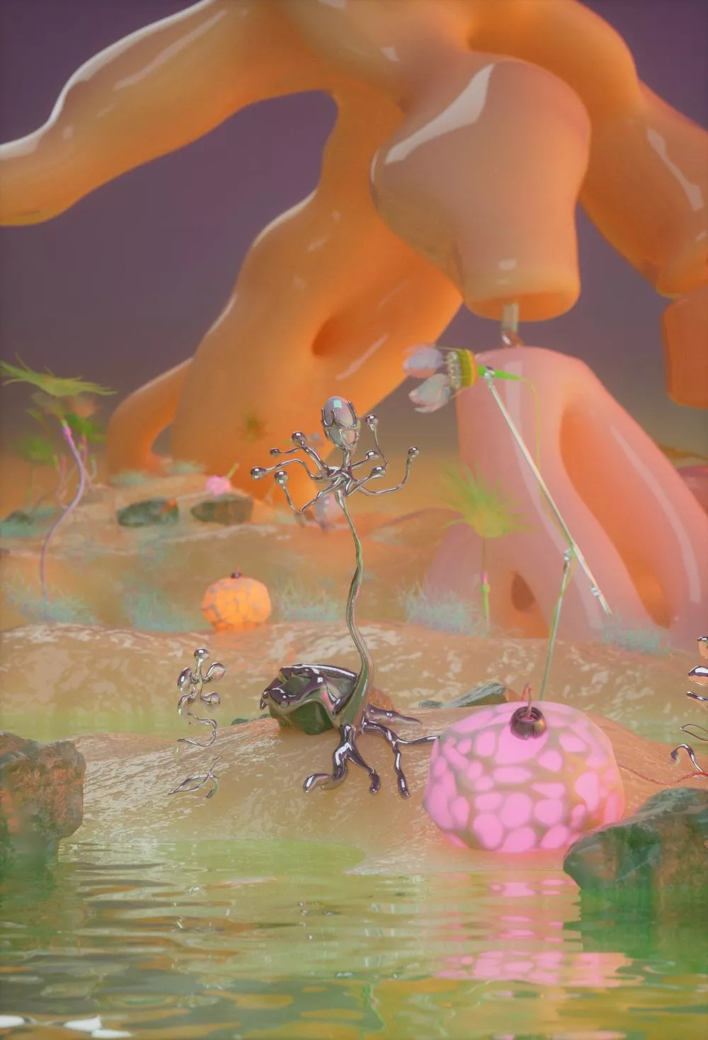Une scène surréaliste et colorée avec des formes organiques et abstraites, des éléments métalliques et des textures brillantes, le tout baignant dans une ambiance lumineuse et onirique.