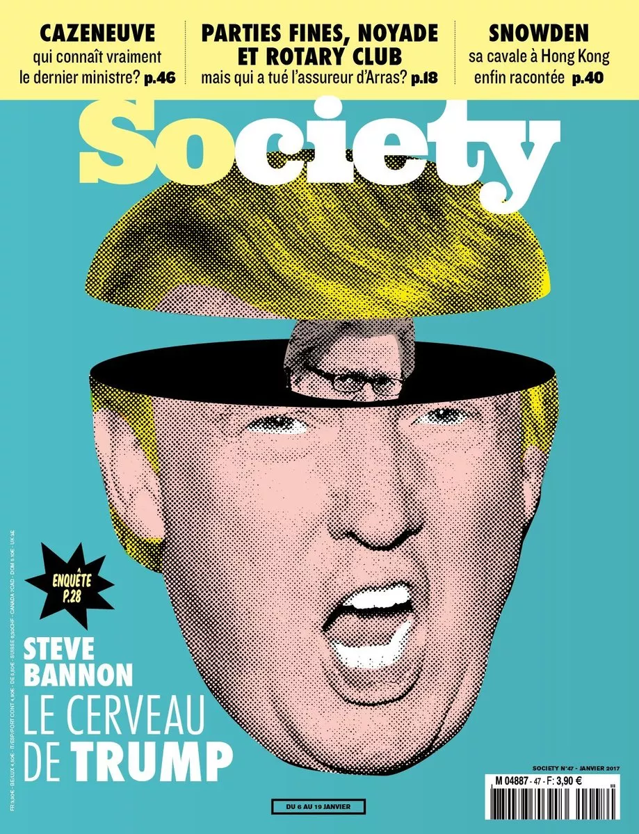 C'est la couverture d'un magazine "Society" avec un dessin de Donald Trump dont la tête est ouverte, révélant une autre personne à l'intérieur. Les titres mentionnent une enquête sur Steve Bannon, le "cerveau de Trump", ainsi que des articles sur Cazeneuve, un meurtre à Arras, et Snowden.
