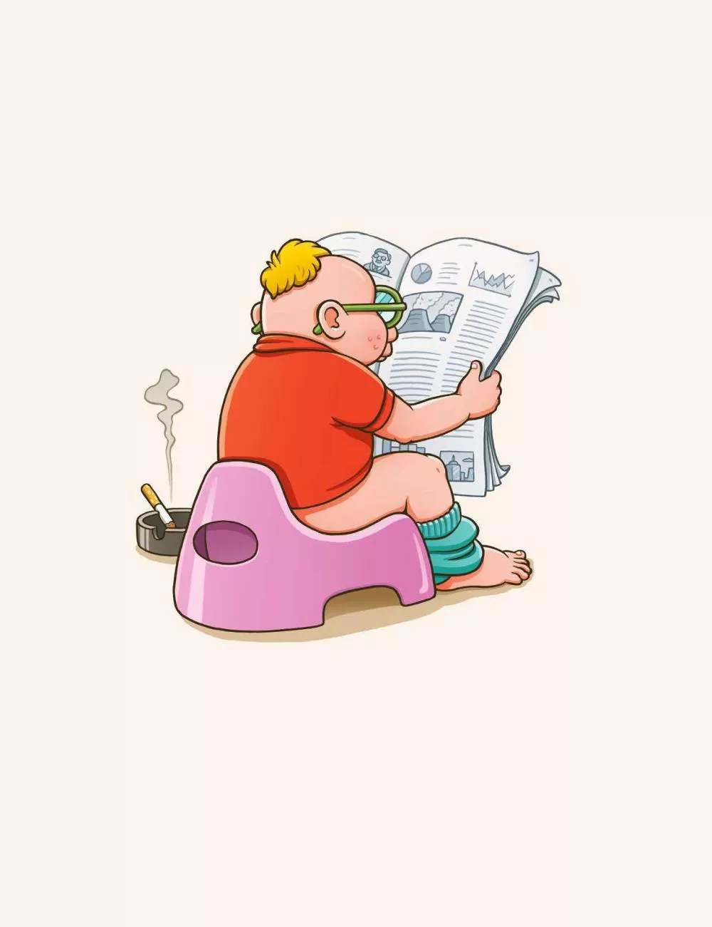 Un personnage assis sur un pot lisant un journal, avec une cigarette fumante posée à côté.
