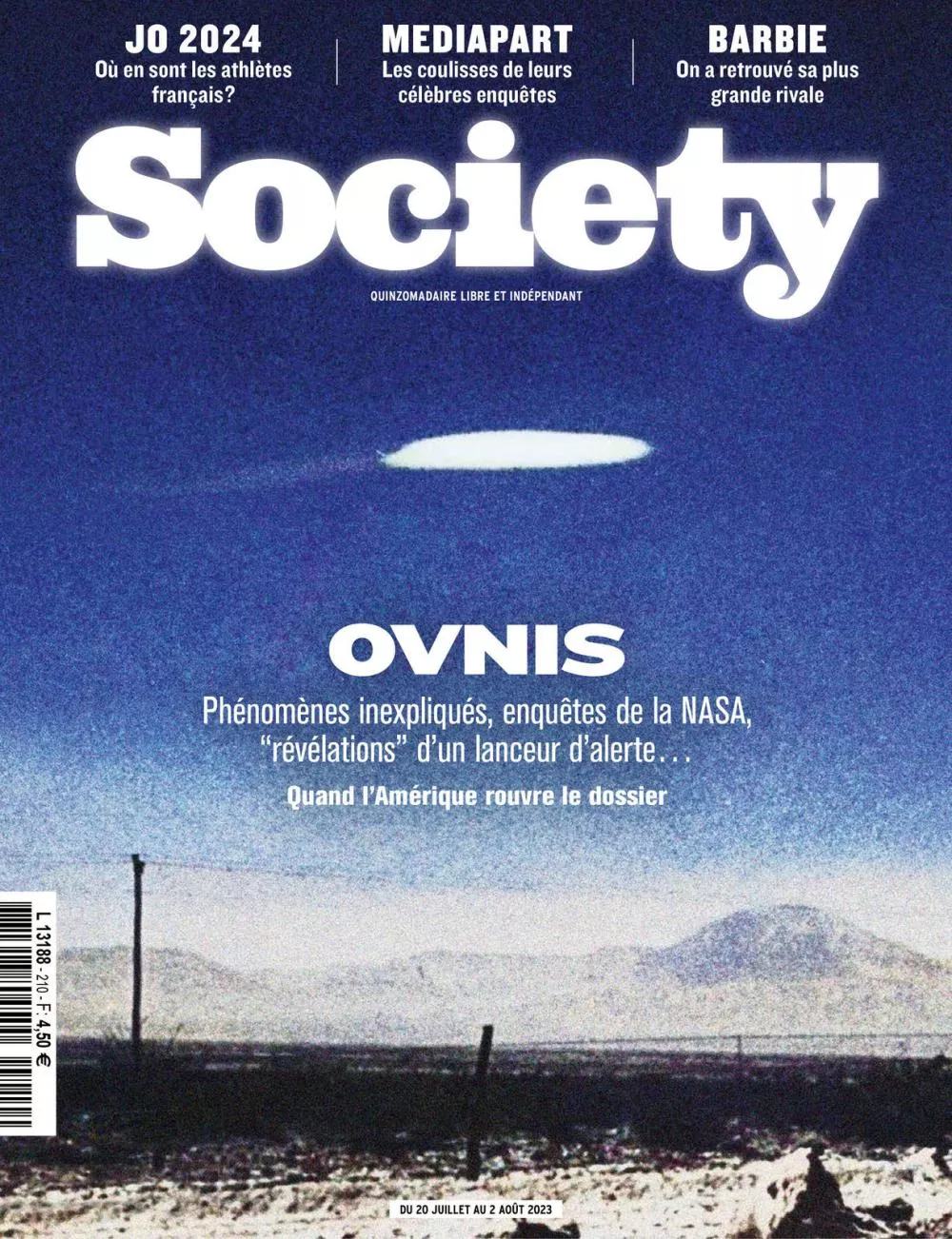 Un paysage désertique avec une soucoupe volante dans le ciel. Le titre principal est "OVNIS" avec des sous-titres sur des phénomènes inexpliqués, des enquêtes de la NASA et des révélations d'un lanceur d'alerte. Il y a aussi des articles sur les JO 2024, Mediapart et Barbie.