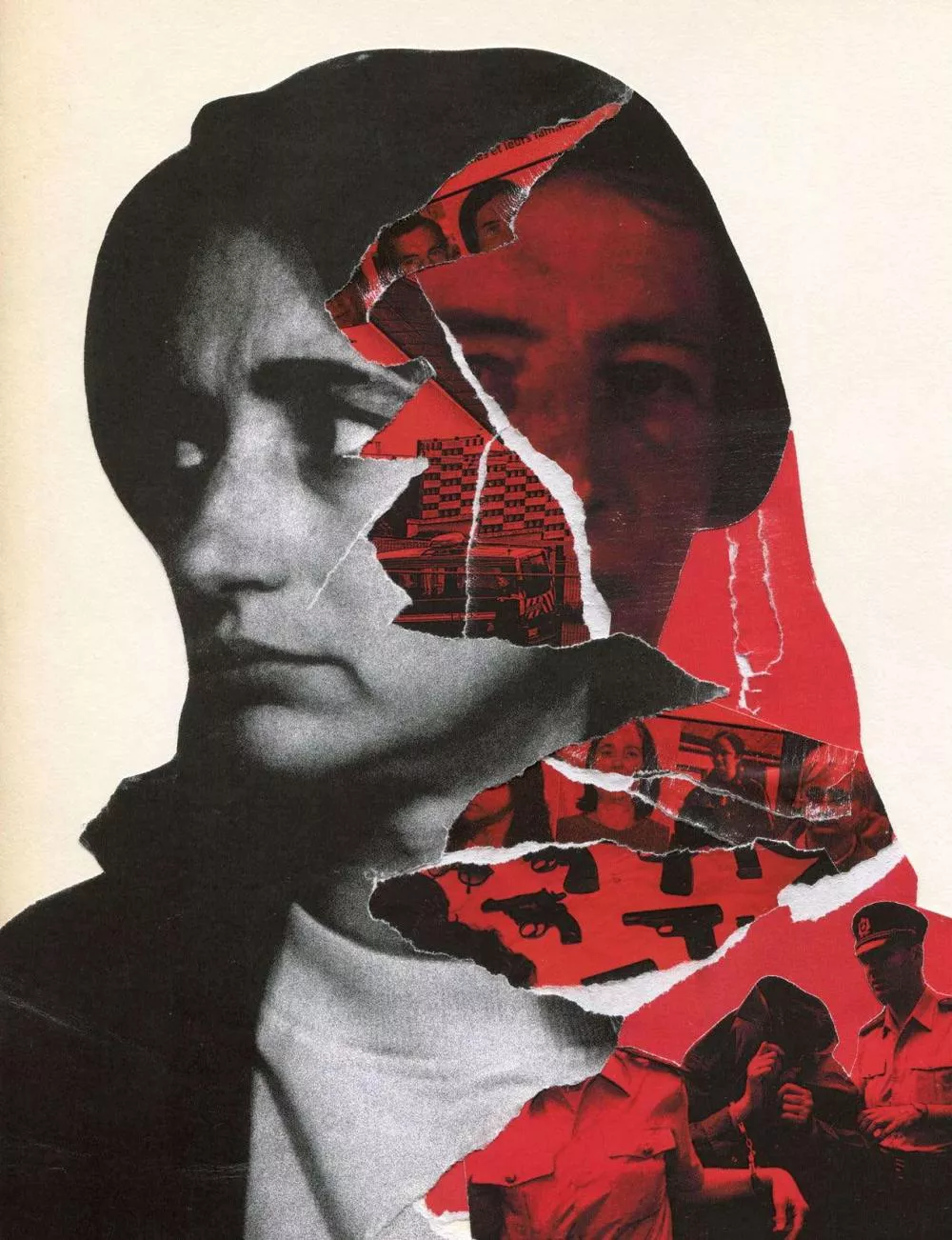 Un collage artistique représentant un visage en noir et blanc avec des déchirures révélant des images rouges en dessous, incluant des bâtiments, des visages, des armes et des policiers.