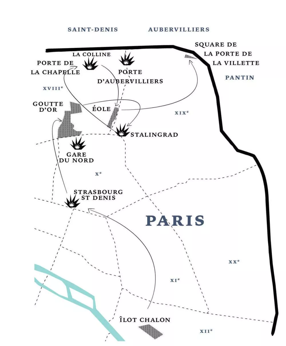 Carte schématique de Paris indiquant plusieurs quartiers et points d'intérêt, comme Porte de la Chapelle, Gare du Nord, Stalingrad, et Strasbourg St Denis, avec des symboles de feu à certains endroits.