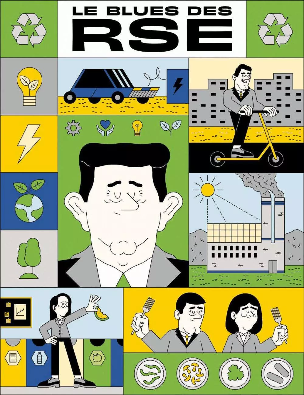 Illustration colorée sur le thème de la responsabilité sociétale des entreprises (RSE), montrant des éléments liés à l'écologie, la technologie durable, et le bien-être au travail. On y voit des personnages en costume, des symboles de recyclage, des véhicules électriques, des panneaux solaires, et des plats sains.