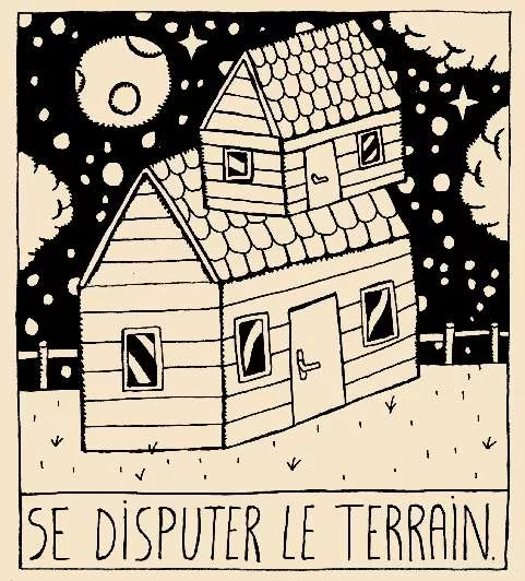 Une maison avec un étage en déséquilibre sous un ciel étoilé, avec le texte "SE DISPUTER LE TERRAIN".