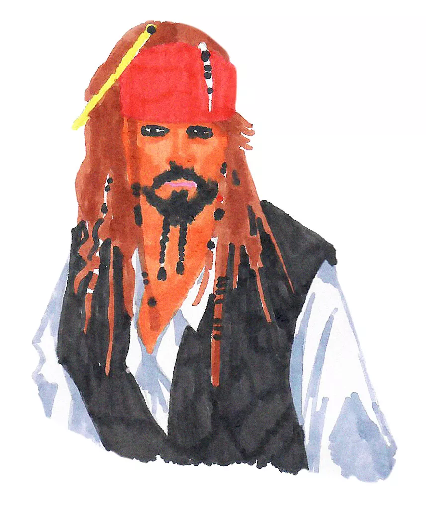 Une illustration colorée d'un personnage pirate avec un bandana rouge, des cheveux longs, et un gilet noir.