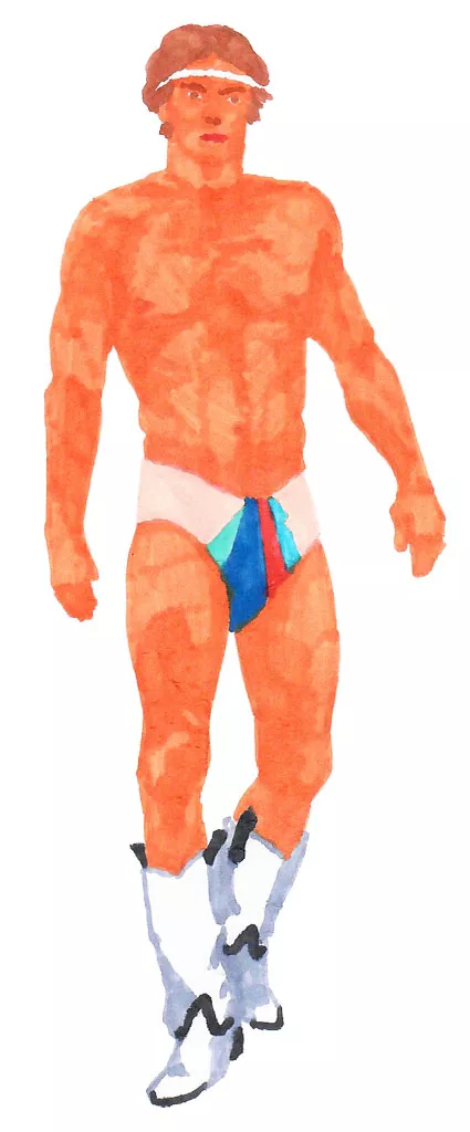 Un homme musclé portant un bandeau, un slip coloré et des bottes blanches avec des motifs noirs.