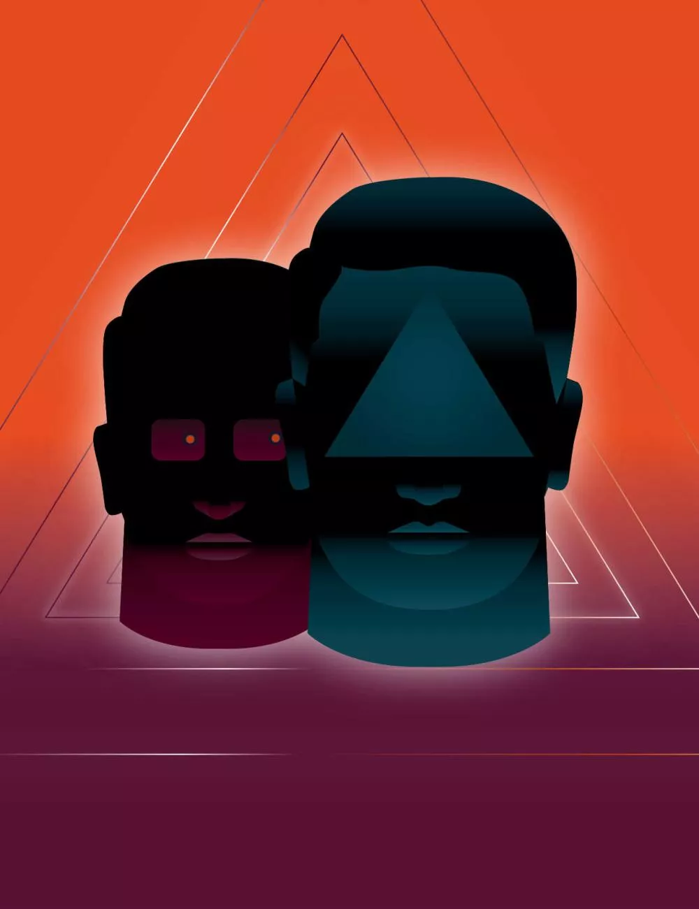 Deux silhouettes stylisées de visages humains se superposent sur un fond dégradé de couleurs vives, avec des formes géométriques, notamment des triangles, en arrière-plan.