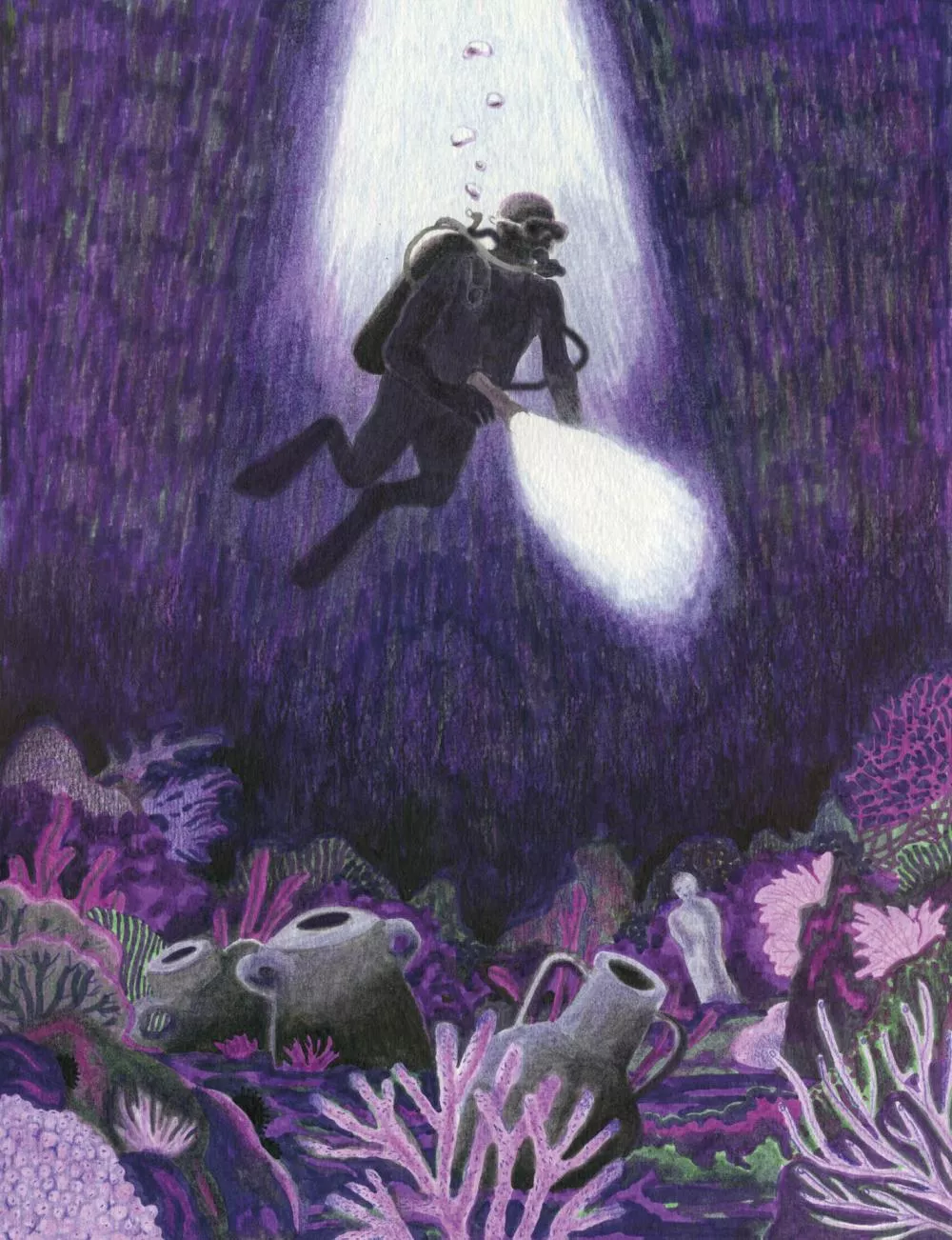 Un plongeur explore une scène sous-marine éclairée par une lampe torche. Autour de lui, on voit des amphores et des coraux colorés dans des tons de violet et rose.