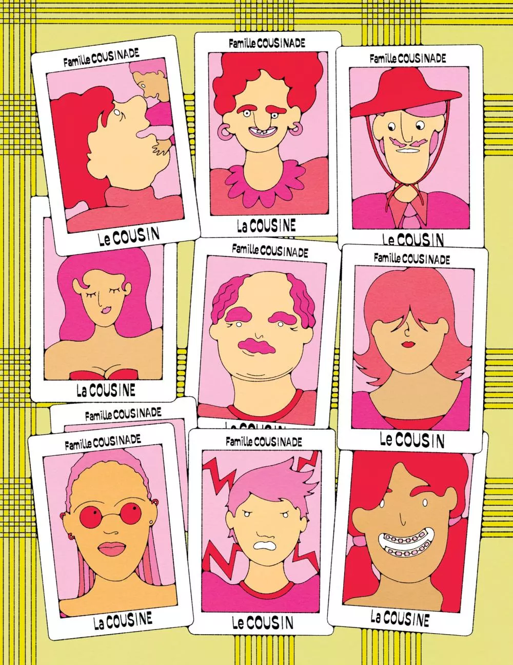 Une série de portraits de la "Famille Cousinade" avec des illustrations colorées et stylisées de divers personnages étiquetés "Le Cousin" ou "La Cousine".