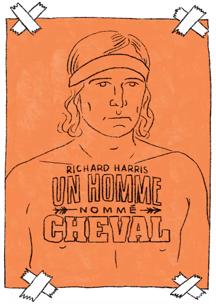 Un dessin d'un homme avec un bandeau sur la tête, torse nu, avec le texte "Richard Harris Un Homme Nommé Cheval" sur son torse.