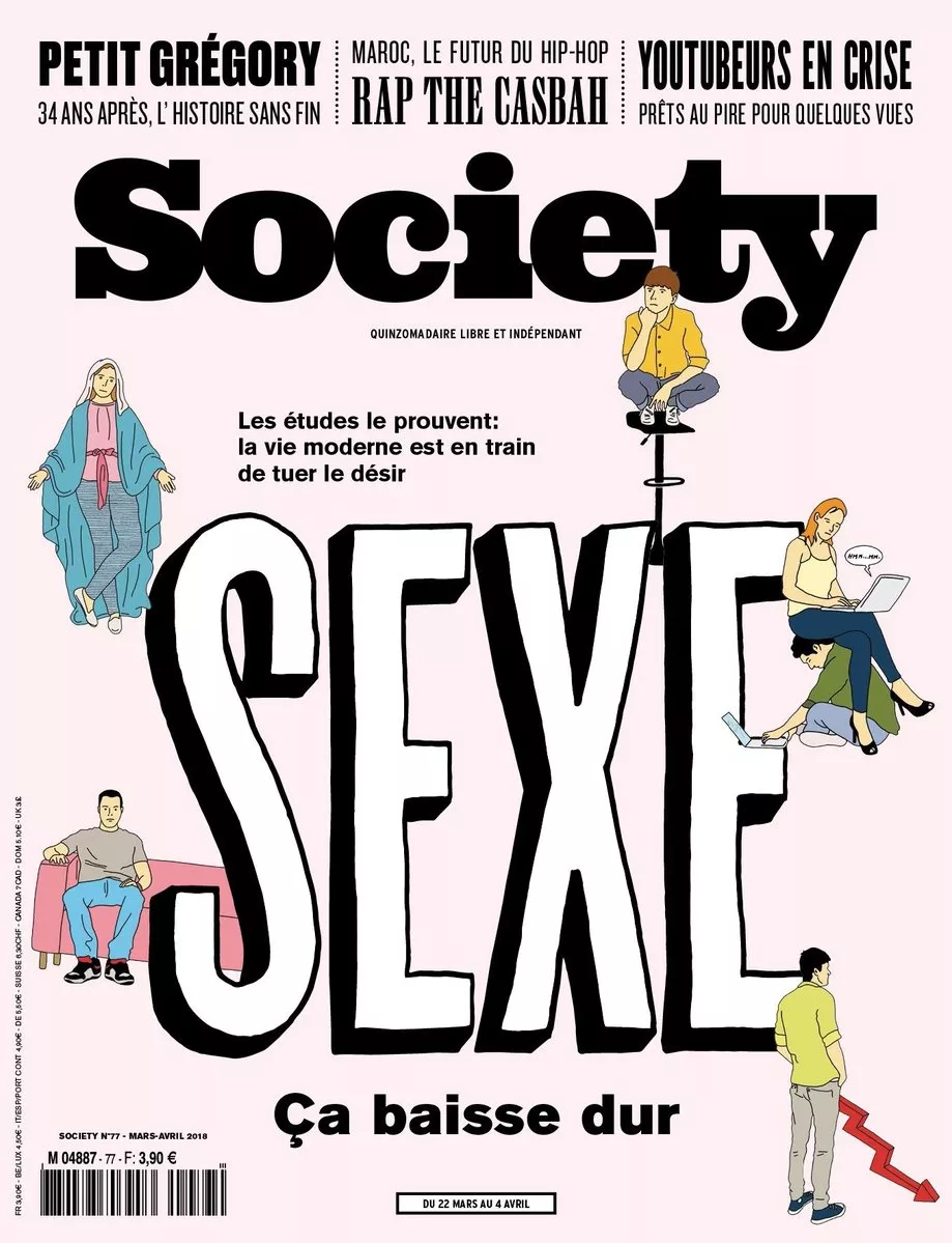 Magazine "Society" avec le titre principal "SEXE Ça baisse dur", abordant comment la vie moderne affecte le désir. Autres sujets : l'affaire du Petit Grégory, le hip-hop au Maroc, et les YouTubeurs en crise.